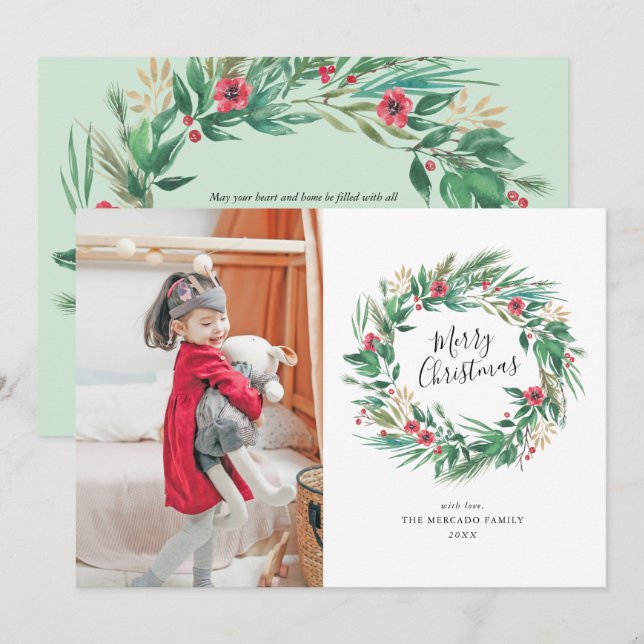Invitación Foto de Navidades de la guirnalda de agua Pine y B (Anverso / Reverso)