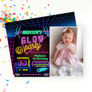 Invitación Foto de Neon Colorful Birday, Fiesta brillante