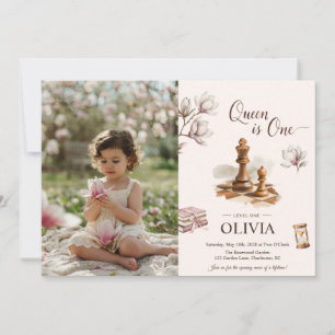 Invitación Foto de niña ajedrez Queen Is One primer cumpleaño