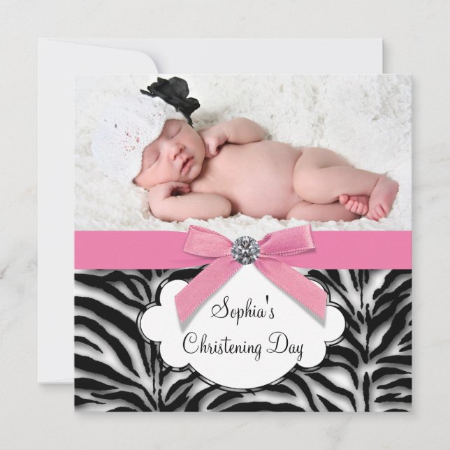 Invitación Foto de niña bebé cebra rosa bautizo cristiano (Anverso)