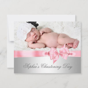Invitación Foto de niña con lazo de damasco rosa plateado par