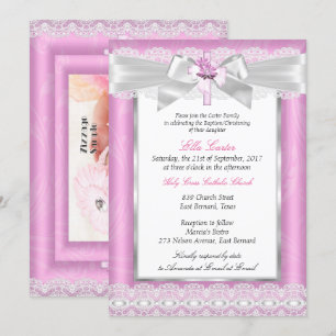 Invitación Foto de niña cruz floral rosa bautizo