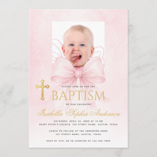 Invitación Foto de niña de bautizo con lazo rosa y cruz de or