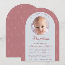 Invitación Foto de Niña de Bautizo Moderno Arco de Rosa Polvo