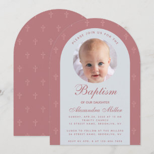 Invitación Foto de Niña de Bautizo Moderno Arco de Rosa Polvo