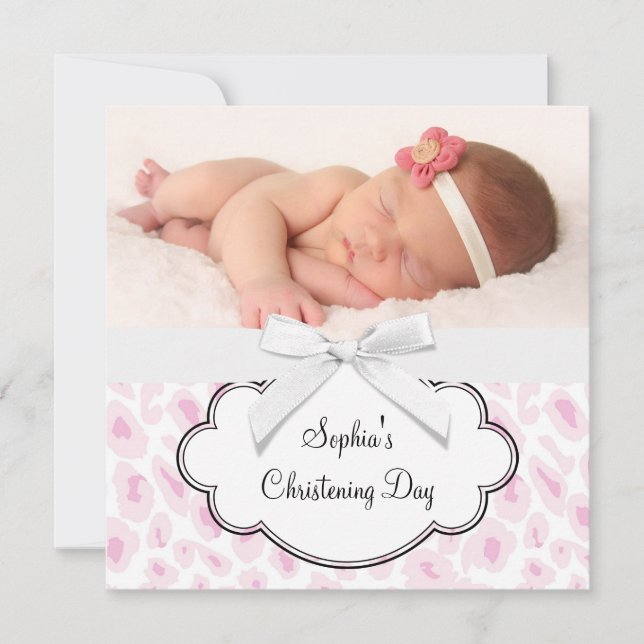 Invitación Foto de niña de leopardo rosa bautizo (Anverso)