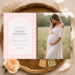Invitación Foto de niña en rosa a cuadros para baby shower