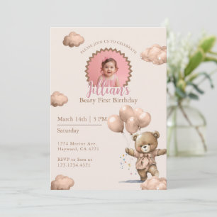 Invitación Foto de niña en su primer cumpleaños Brown Beary