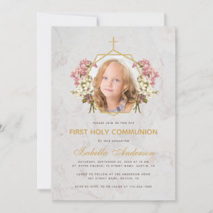 Invitación Foto de niña en su primera comunión con orquídea r