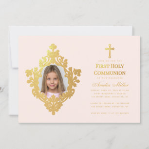 Invitación Foto de niña en su primera comunión Elegante Falso