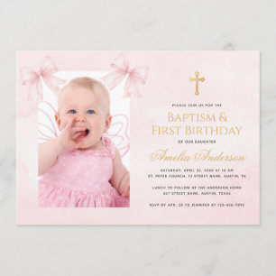 Invitación Foto de niña lazos rosados cruz Bautizo Primera Cu