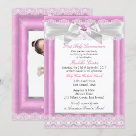 Invitación Foto de niña Primera Comunión Cruz floral rosa