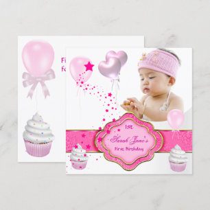 Invitación Foto de niña rosa primera fiesta de cumpleaños 1