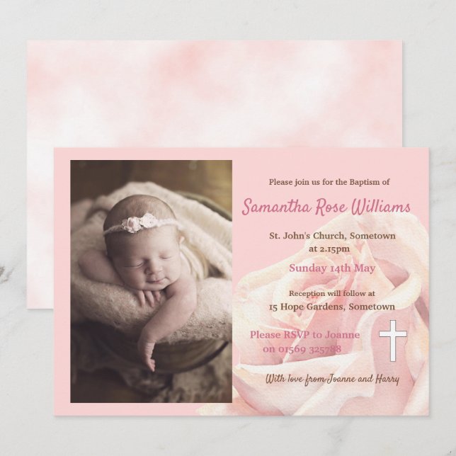 Invitación Foto de niña rosa rosa Baptismo (Anverso / Reverso)
