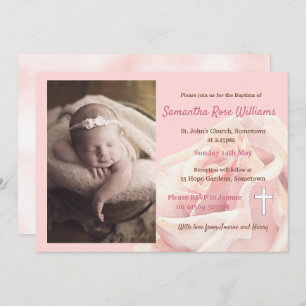 Invitación Foto de niña rosa rosa Baptismo
