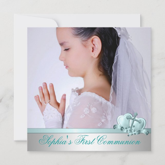Invitación Foto de niñas azul teal Primera Comunión (Anverso)
