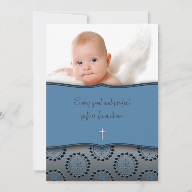 Invitación Foto de Niño Bebé Azul Bautizo (Anverso)