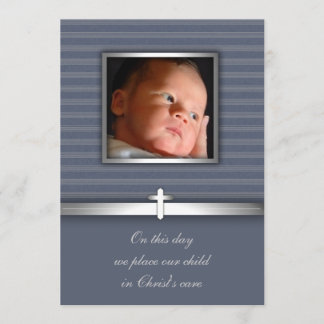 Invitación Foto de niño bebé con franja azul para bautizo