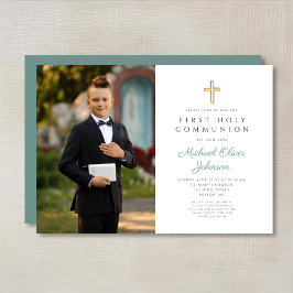 Invitación Foto de Niño con Cruz Verde Elegante Primera Comun