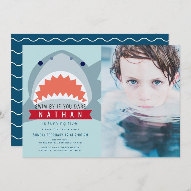 Invitación Foto de niño cumpleaños de piscina azul de luz de  (Anverso / Reverso)