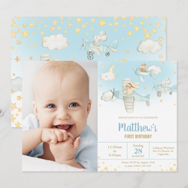 Invitación Foto de niño de cumpleaños con cielo en avión de a (Anverso / Reverso)