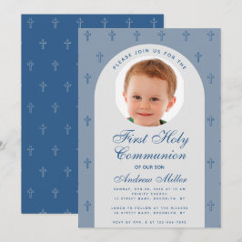 Invitación Foto de Niño en Primera Comunión Arco Azul Polvori