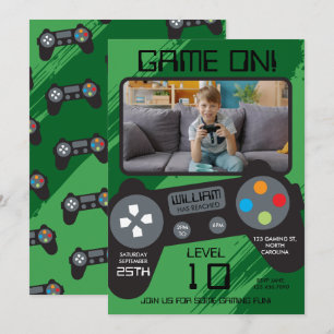 Invitación Foto de niño genial verde de videojuegos fiesta de