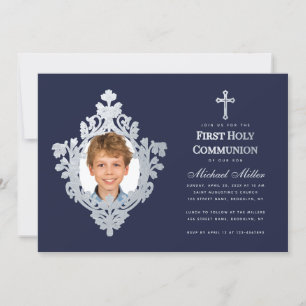 Invitación Foto de Niño Primera Comunión Azul Marino Falso Pl