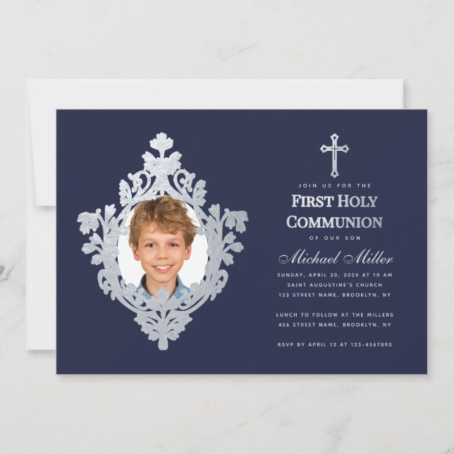 Invitación Foto de niño Primera Marina de Comunión Blue Faux  (Anverso)