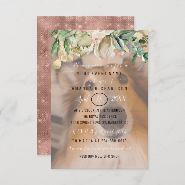 Invitación Foto de nuevo perro Mascota  Flores Rosa Dorado Ru (Anverso / Reverso)