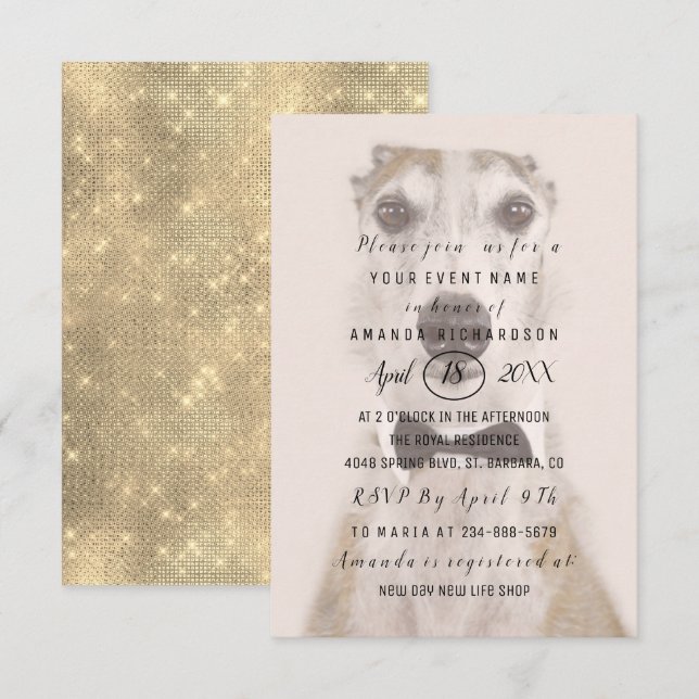 Invitación Foto de nuevo perro  Sepia dorado Brillo Simplemen (Anverso / Reverso)