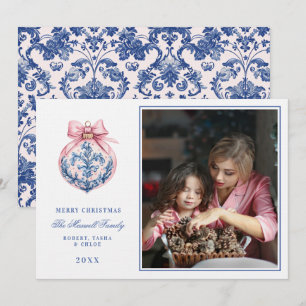 Invitación Foto de ornamento de damasco rosa y azul para el a