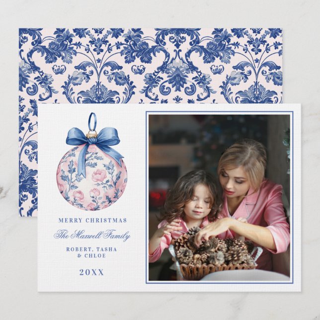 Invitación Foto de ornamento floral rosa y azul abuelito (Anverso / Reverso)