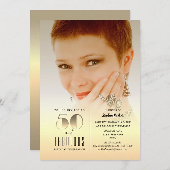Invitación Foto de oro 50 cumpleaños (Anverso / Reverso)