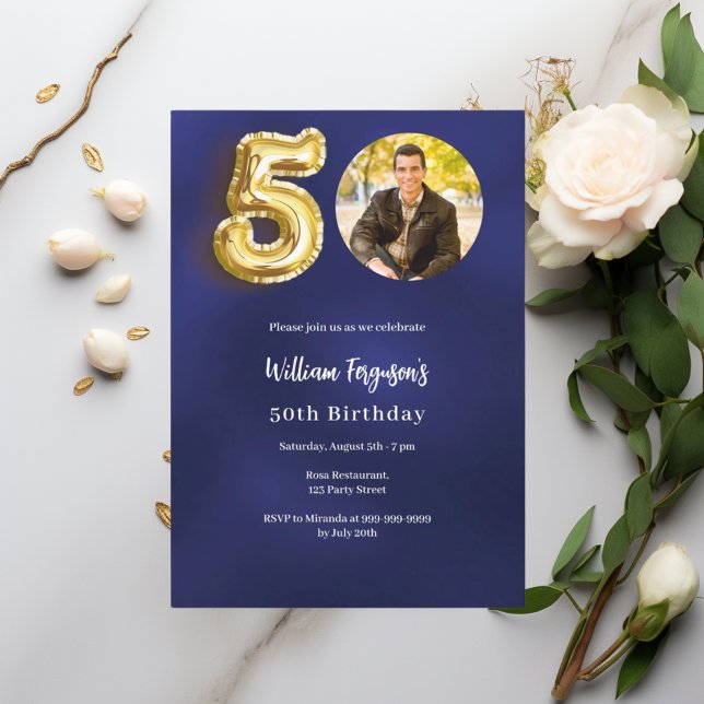 Invitación Foto de oro azul marino 50 cumpleaños (Subido por el creador)