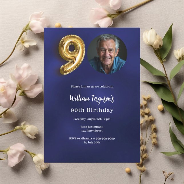 Invitación Foto de oro azul marino de 90 años (Subido por el creador)