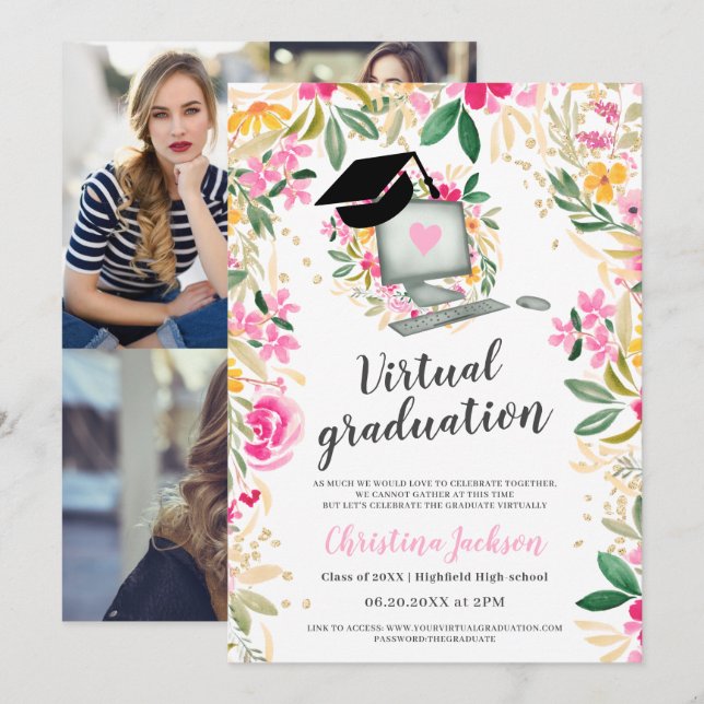 Invitación Foto de oro de acuarela floral graduación virtual (Anverso / Reverso)