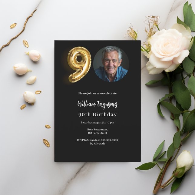 Invitación Foto de oro negro cumpleaños 90 (Subido por el creador)