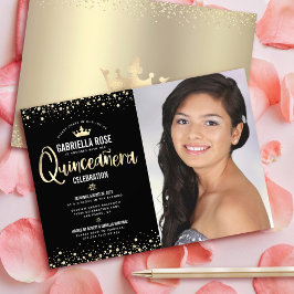 Invitación Foto de oro negro Purpurina de Quinceañera Tiara G