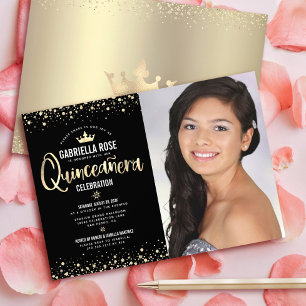 Invitación Foto de oro negro Purpurina de Quinceañera Tiara G