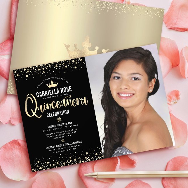 Invitación Foto de oro negro Purpurina de Quinceañera Tiara G (Subido por el creador)