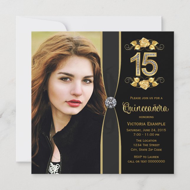 Invitación Foto de oro negro Quinceanera (Anverso)