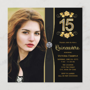 Invitación Foto de oro negro Quinceanera