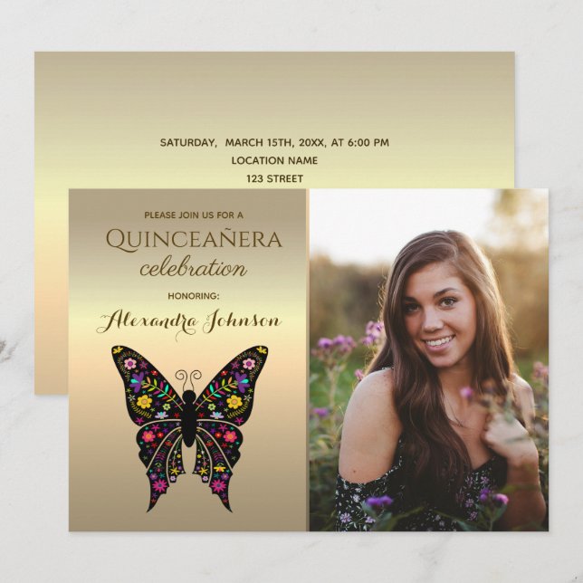 Invitación Foto de oro Quinceanera 15º cumpleaños (Anverso / Reverso)