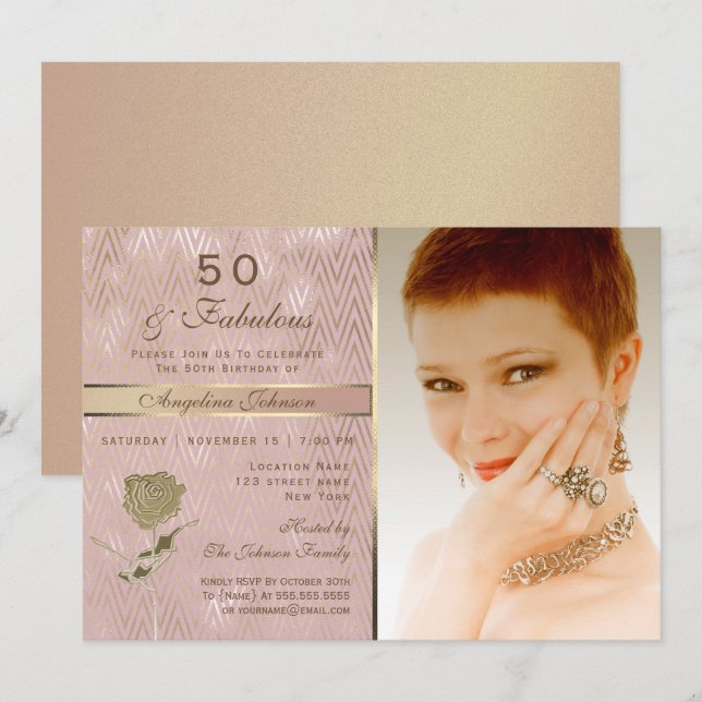 Invitación Foto de oro Rosa 50 cumpleaños (Anverso / Reverso)
