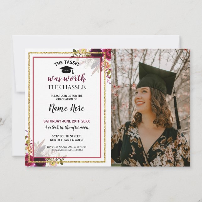 Invitación Foto de oro ruso floral de graduación (Anverso)