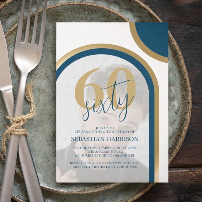 Invitación Foto De Oro Y Azul Retro 60 Cumpleaños (Subido por el creador)