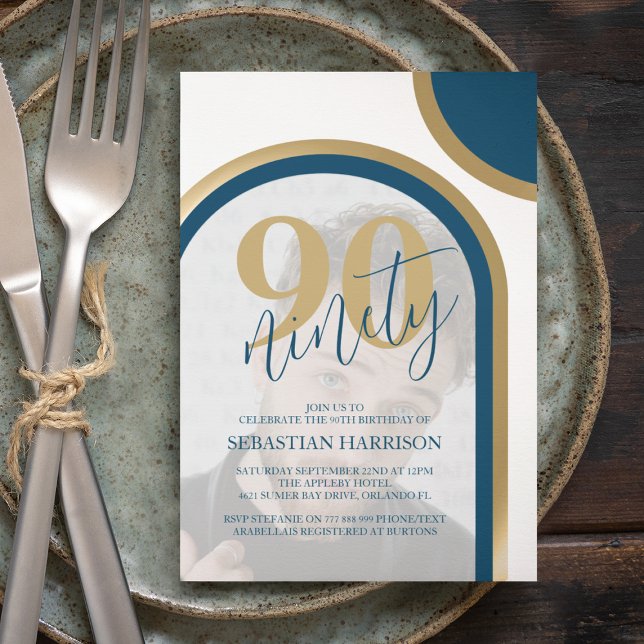 Invitación Foto De Oro Y Azul Retro 90 Cumpleaños (Subido por el creador)