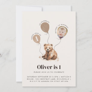 Invitación Foto de oso acuarela de 1º cumpleaños moderno