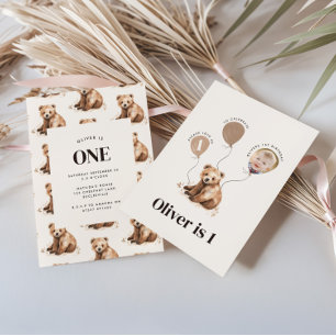 Invitación Foto de oso acuarela de 1º cumpleaños moderno